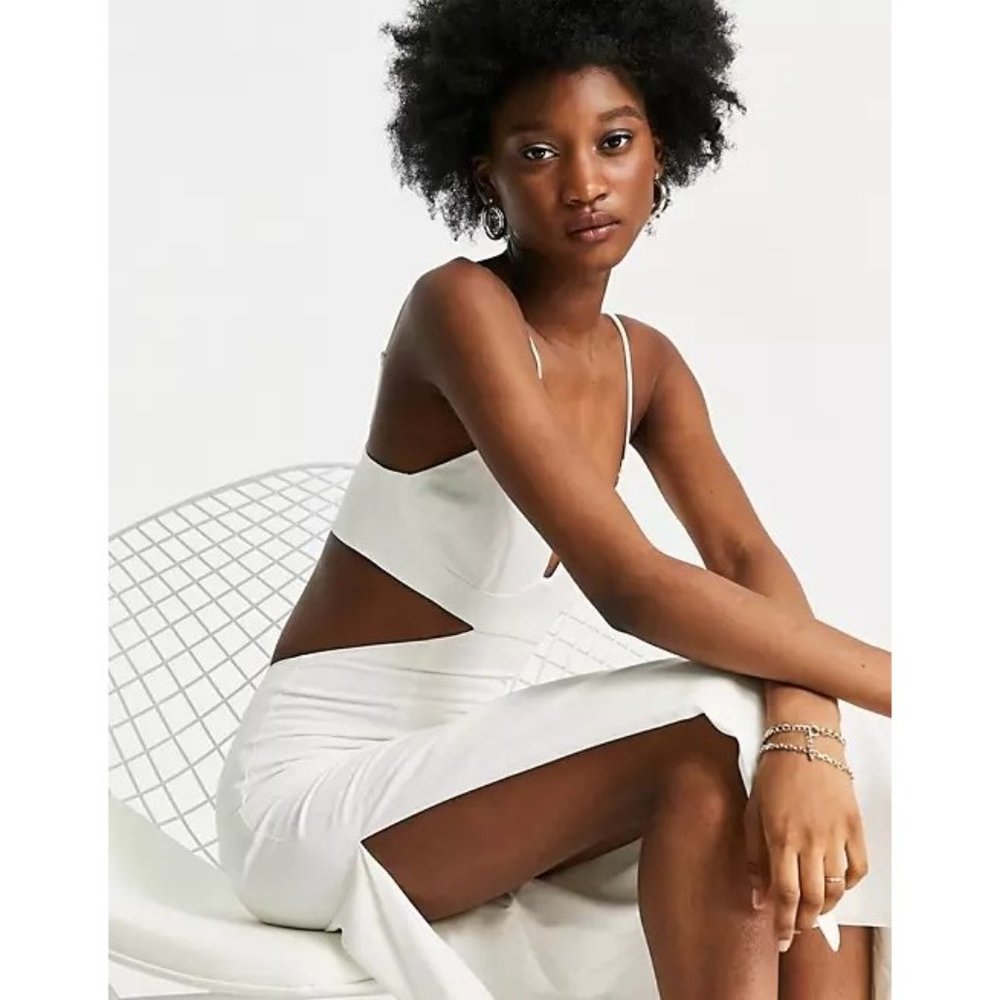 Bardot Cut Out Slit Midi Bachelorette White Dress Women's Cocktail worn once